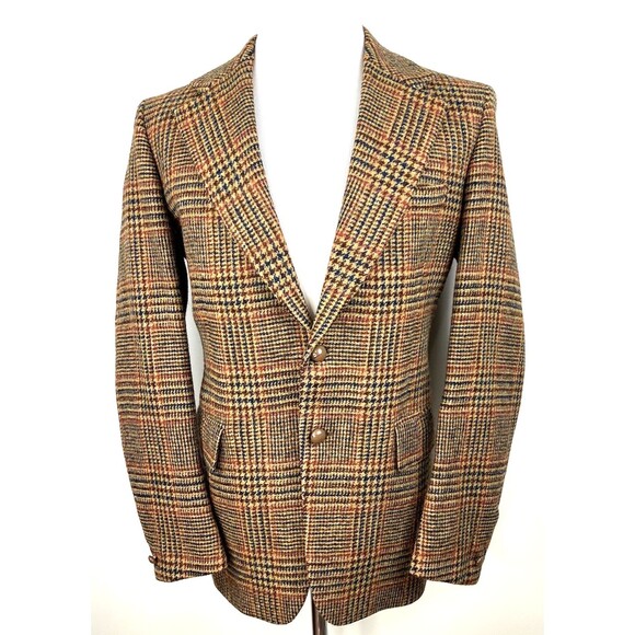 Vintage 60s Harris Tweed Sport Coat Blazer Mens 42R Glen Plaid 2 Button Tan - Picture 2 of 10